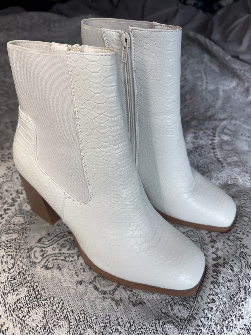 White Snake Skin Textured Ankle Boots - Stylish Women’s Heeled Booties - Size 10
